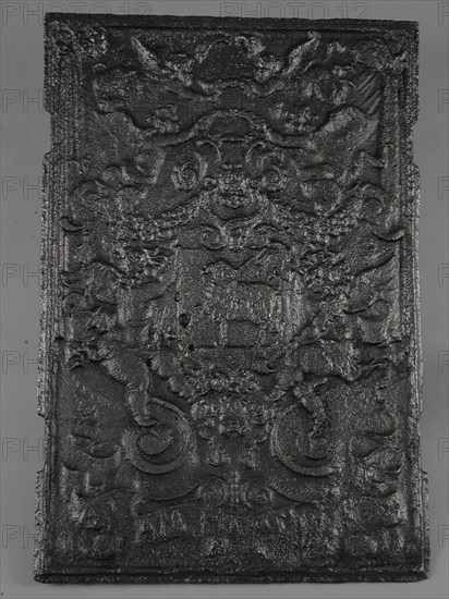 Adam Damen, Fireback coat of arms with sheep and stick, Lamb of God, text ADAM DAMEN ME FECIT, hob plate cast iron, cast