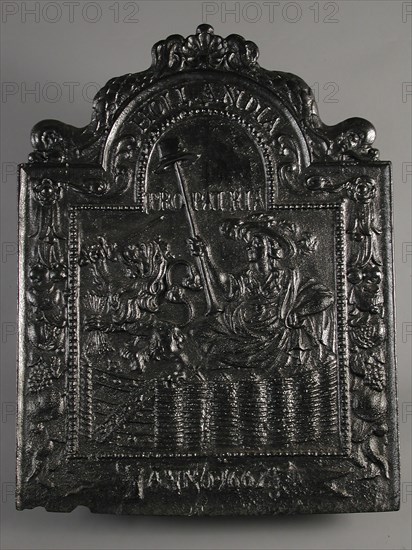 Fireback Dutch Virgin in garden, year 1667 and Hollandia Pro Patria, hob plate cast iron, cast Rectangular bow at the top.