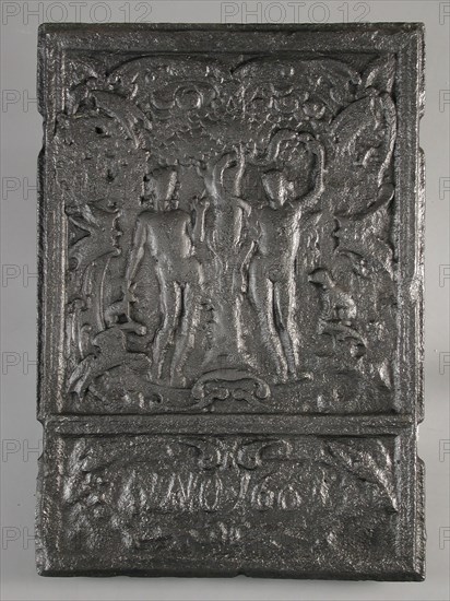 Fireback Adam and Eve in paradise, the Fall, date 1665, hob plate cast iron, cast Rectangular with two notches on each side