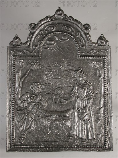 Fireplace biblical representation Jesus with Samaritan woman at the well, hob plate cast iron, cast Rectangular bow at the top