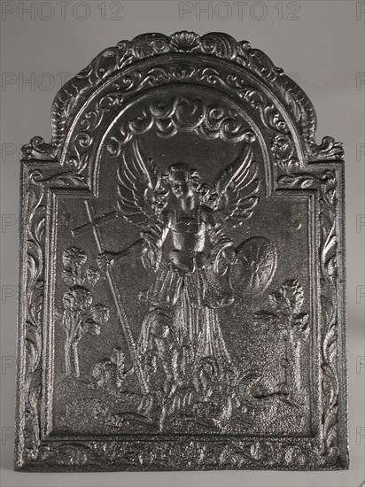 Fireback archangel Michael with dragon, hob plate cast iron, cast Rectangular with curved upper side. On top of shell