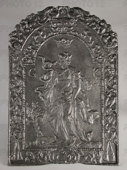 Fireback woman with two-headed snake, Prudentia, text G K, hob plate cast iron, cast Rectangular with arch at the top.