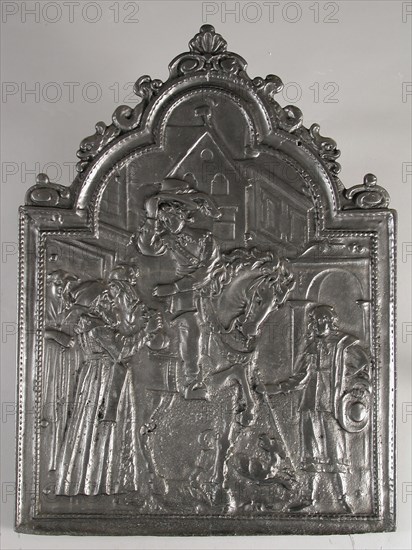 Fireback horseman receives gifts at city gate, hob plate cast iron, cast Rectangular with arch at the top. On top of shell