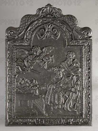 Fireback biblical representation: David and Saul, Year 1665, cast Rectangular with arch at the top. On top of shell flanked