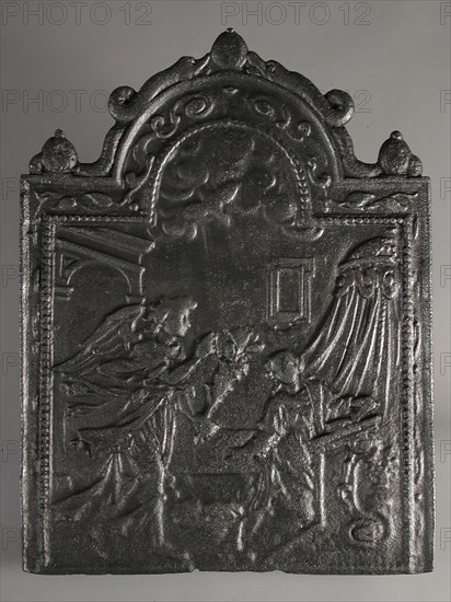 Fireback proclamation to Mary, Annunciation, hob plate cast iron, cast Bottom rectangular bow at the top showing pomegranate