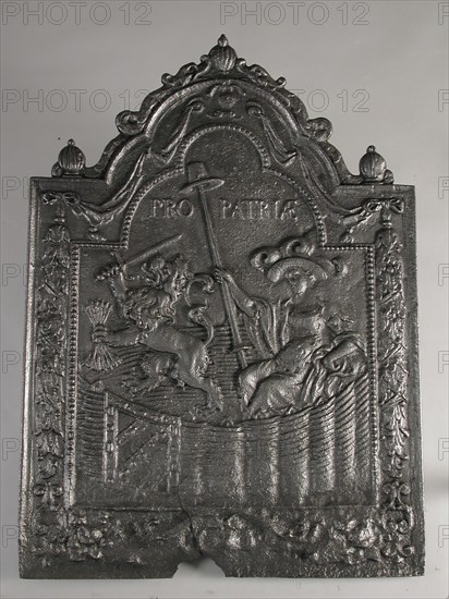 Fireback Dutch virgin in garden, text Pro Patria, fire place, cast Rectangular arch at the top. On top of pomegranate