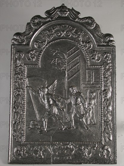 Fireback De Tijd, sent away by man, child with skeleton in doorway, text DE TYD, hob plate cast iron, cast Rectangular arch