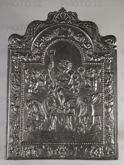 Fireback Neptune on coup, text, cast Rectangular with arch at the top. On top of shell flanked by two dolphins Wide border