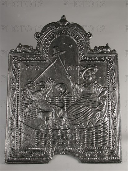 Fireback Dutch virgin in garden, year 1644, Pro Patriae Holandia, hob plate cast iron, cast Rectangular arch at the top.