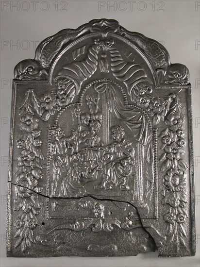 Fireback with biblical representation: judgment of Solomon, fire place iron, cast Rectangular with arch at the top