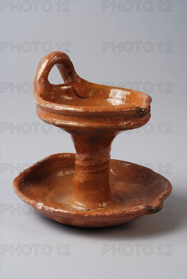 Earthenware oil lamp with lower and upper shell, column and suspension, oil lamp lamp illuminant soil find ceramic earthenware