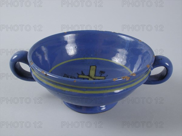 Earthenware pap bowl, blue glazed, yellow cross with Arma Christi, papkom bowl crockery holder soil find ceramic earthenware