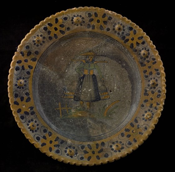 Majolica dish with polychrome border and image of woman with yoke and buckets, dish plate crockery holder earth discovery