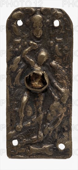 Rectangular copper fittings with four mounting holes, embossed biblical representation, ornament batter ground find copper brass