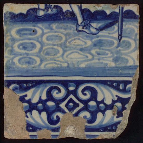 Tile of tableau with in blue feet and decorated border, tile picture footage fragment ceramics pottery glaze, baked 2x glazed