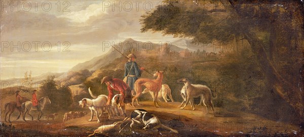 Frans Beeldemaker, Upper section hunting scene in landscape, two hunters, many dogs, landscape painting wallpaper canvas linen