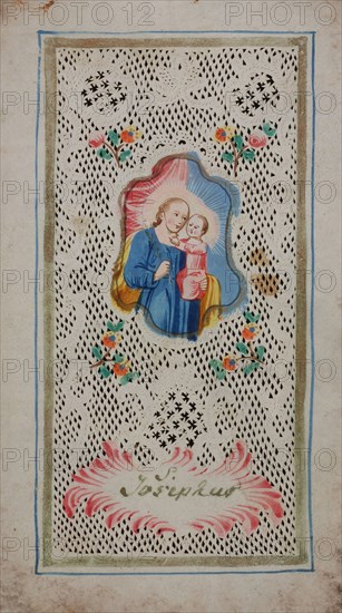 Print in which fine lace has been cut, surrounding image of St. Josef with the child, church print picture material paper