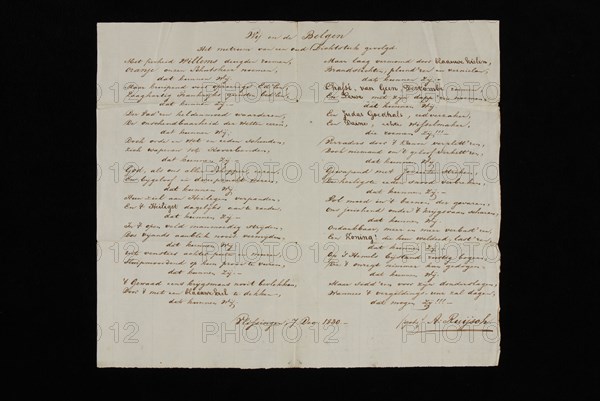 author: A. Ruijsch, Handwritten poem, about Belgian uprising, poem document information form paper, handwriting Single sheet