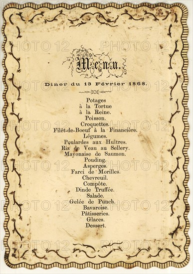 Menu card with scalloped edge, decorated with gold-colored ornaments and with printed French text, menu card information form