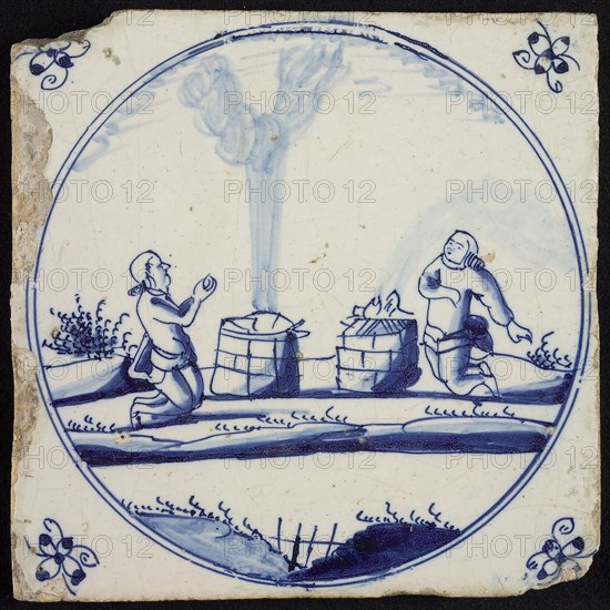 Scene tile, in landscape sacrifice of Abel and sacrifice of Cain, corner motif spider, wall tile tile sculpture ceramic