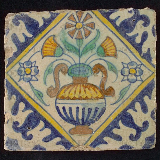 Tile, orange, brown, green and blue on white, flowerpot in square, corner pattern palm, wall tile tile sculpture ceramic