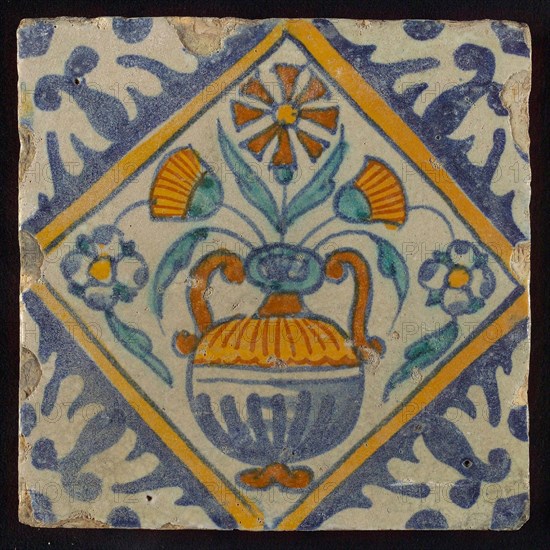 Tile, orange, brown, green and blue on white, flowerpot in square, corner pattern palm, wall tile tile sculpture ceramic