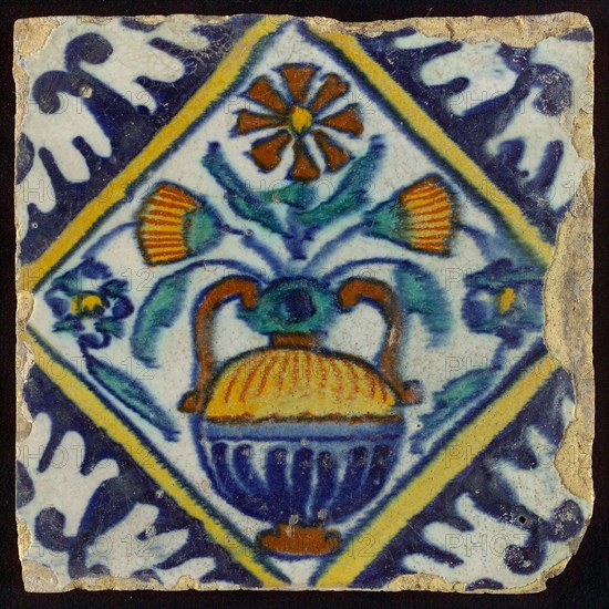 Tile, orange, brown, green and blue on white, flowerpot in square, corner pattern palm, wall tile tile sculpture ceramic