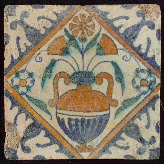 Tile, orange, brown, green and blue on white, flowerpot in square, corner pattern palm, wall tile tile sculpture ceramic