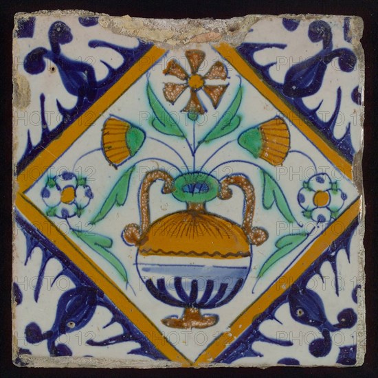 Tile, orange, brown, green, and blue on white, flowerpot in square, corner pattern palm, wall tile tile sculpture ceramic