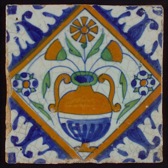 Tile, orange, brown, green, and blue on white, flowerpot in square, corner pattern palm, wall tile tile sculpture ceramic