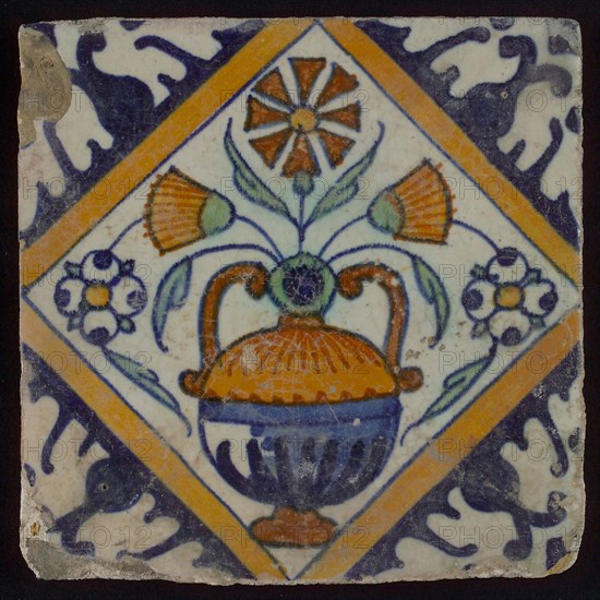 Tile, orange, brown, green, and blue on white, flowerpot in square, corner pattern palm, wall tile tile image ceramics
