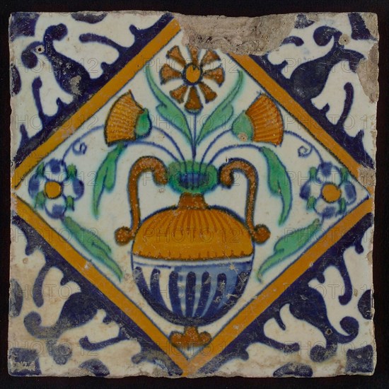 Tile, orange, brown, green, and blue on white, flowerpot in square, corner pattern palm, wall tile tile sculpture ceramic