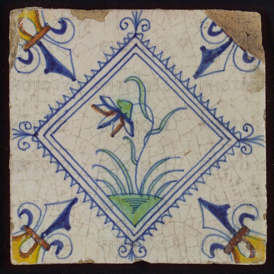 Tile, flower on ground in brown, yellow, green and blue on white, inside serrated square with plume, corner pattern French lily