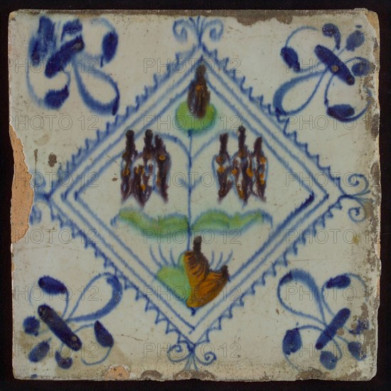 Tile, double flower on ground in brown, orange, green and blue on white, inside serrated square with plume, corner pattern