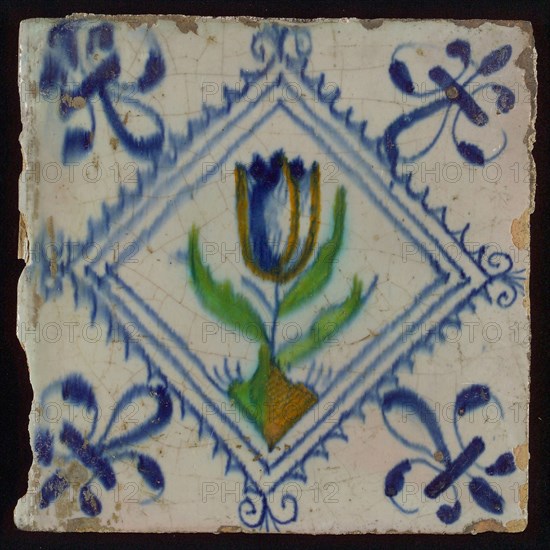 Tile, tulip on ground in orange, green and blue on white, inside serrated square with plume, corner pattern french lily, wall