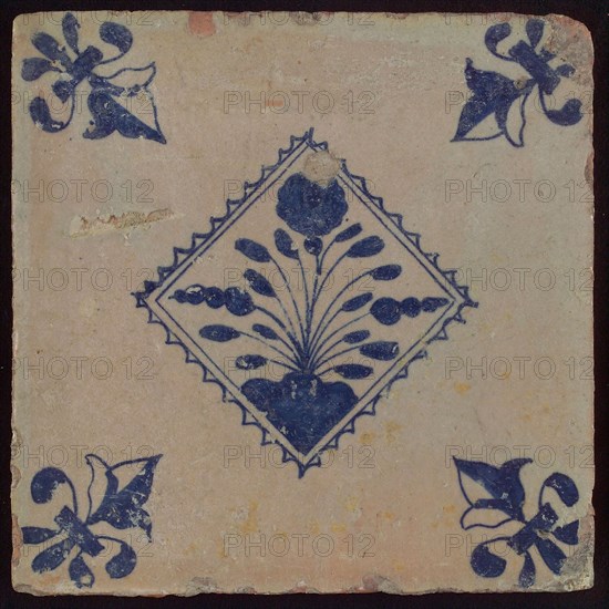 Tile, flowerpot in blue on white, inside small serrated square, corner pattern french lily, wall tile tile sculpture ceramic