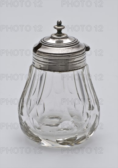 Silversmith: Baksteen & Middendorp, Glass transparent mustard pot with silver lid, mustard pot pottery holder glass lead glass