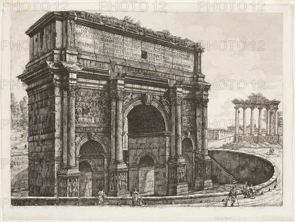 The Arch of Septimus Severus, 1820, Luigi Rossini, Italian, 1790-1857, Italy, Etching on off-white wove paper, 460 × 641 mm (image), 467 × 652 mm (plate), 513 × 688 mm (sheet)