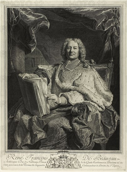 Portrait of René François de Beauveau du Rivau, 1727, Pierre Drevet (French, 1663-1738) and Pierre-Imbert Drevet (French, 1697-1739), after Hyacinthe Rigaud (French, 1659-1743), France, Engraving on ivory laid paper, 441 × 352 mm (image), 492 × 364 mm (plate), 501 × 371 mm (sheet)