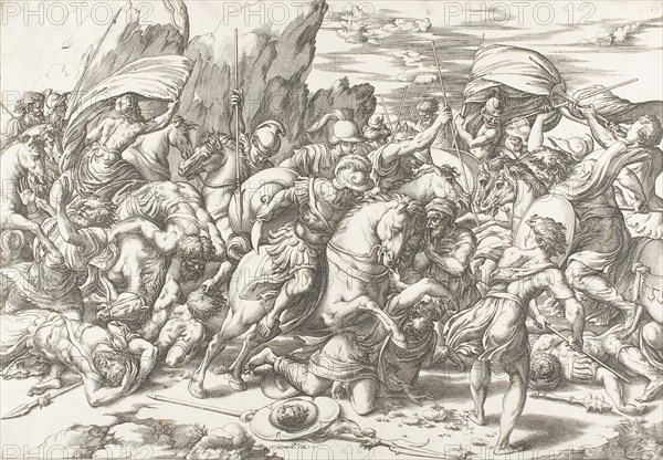 The Battle around the Shield and Lance, c. 1527, Giovanni Jacopo Caraglio (Italian, 1500/05–1565), after Raffaello Sanzio, called Raphael (Italian, 1483-1520), Italy, Engraving in black on ivory laid paper, 341 × 485 mm