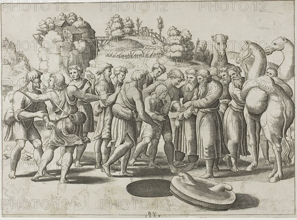 Joseph Sold by his Brothers, 1533, Master of the Die (Italian, active c. 1530-1560), after Raffaello Sanzio, called Raphael (Italian, 1483-1520), Italy, Engraving, printed in black, on paper, 212 × 286 mm (sheet)