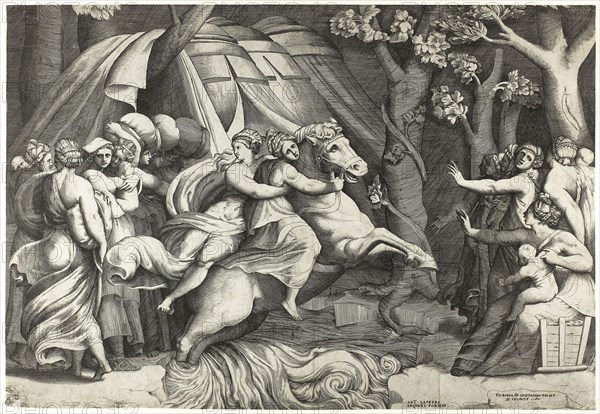 Cloelia Crossing the Tiber, c. 1540, Giulio di Antonio Bonasone (Italian, about 1510–after 1576), after Polidoro Caldara, called Polidoro da Caravaggio (Italian, c. 1499-c. 1543), published by Antoine Lafréry (French, active Italy, 1512-1577), Italy, Engraving in black on ivory laid paper, 293 x 425 mm (image/sheet, trimmed within platemark)