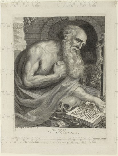 Saint Jerome, 1693, Antoine Masson, French, 1636-1700, France, Engraving on ivory laid paper, 265 × 195 mm (plate), 320 × 243 mm (sheet)