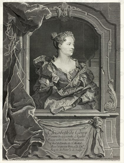 Portrait of Elizabeth de Gouy, 1743, Johann Georg Wille (German, 1715-1808), after Hyacinthe Rigaud (French, 1659-1743), Germany, Engraving in black on ivory laid paper, 453 x 340 mm (image), 457 x 341 mm (sheet)