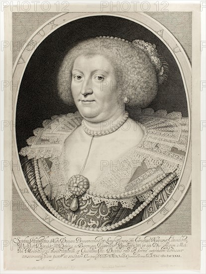 Sophia Hedwichia, Countess of Nassau-Dietz, 1631, William Jacobsz. Delff (Dutch, 1580-1638), after Michiel Jansz. van Mierevelt (Dutch, 1567-1641), Holland, Engraving in black on ivory laid paper, 379 x 305 mm (image), 425 x 310 mm (plate), 450 x 334 mm (sheet)