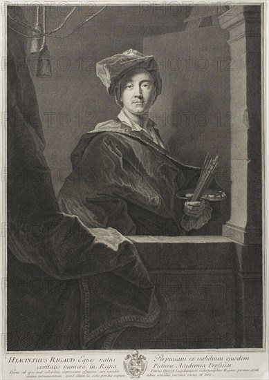 Portrait of Hyacinthe Rigaud, 1700, printed posthumously after 1780, Pierre Drevet (French, 1663-1738), after Hyacinthe Rigaud (French, 1659-1743), France, Engraving on ivory wove paper, 455 × 338 mm (image), 501 × 353 mm (sheet, cut within plate)