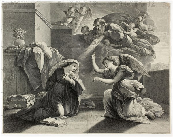 The Annunciation, 1660/71, Gérard Edelinck (French, born Flanders, 1640-1707), after Nicolas Poussin (French, 1594-1665), published by Nicolas Pitau (French, born Flanders, 1632-1671), France, Engraving on ivory laid paper, laid down along edges on ivory wove paper strips, and taped with cloth tape down center, verso, 350 × 445 mm (image), 354 × 448 (sheet, trimmed within platemark), 356 × 451 mm (sheet with taped margins)