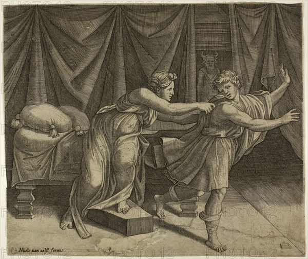 Joseph and Potipher’s Wife, n.d., Marcantonio Raimondi (Italian, c. 1480-1534), after Raffaello Sanzio, called Raphael (Italian, 1483-1520), Italy, Engraving in black on paper, 206 x 241 mm (sheet)