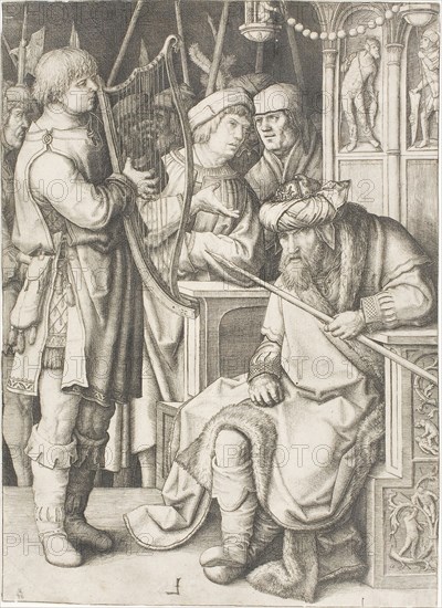David Playing the Harp Before Saul, c. 1508, Lucas van Leyden, Netherlandish, c. 1494-1533, Netherlands, Engraving in black on ivory laid paper, 253 x 183 mm (image), 254 x 184 mm (sheet, trimmed within plate mark)
