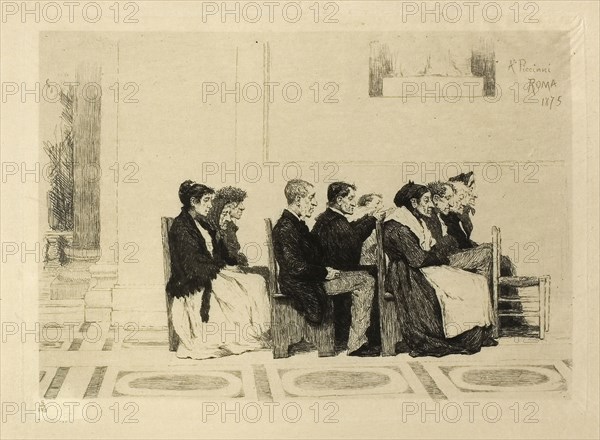 Attending Mass, Rome, 1875, Antonio Piccinni, Italian, 1846-1920, Italy, Etching in black, with gray plate tone, on paper, 170 x 236 mm (image), 265 x 390 mm (sheet)